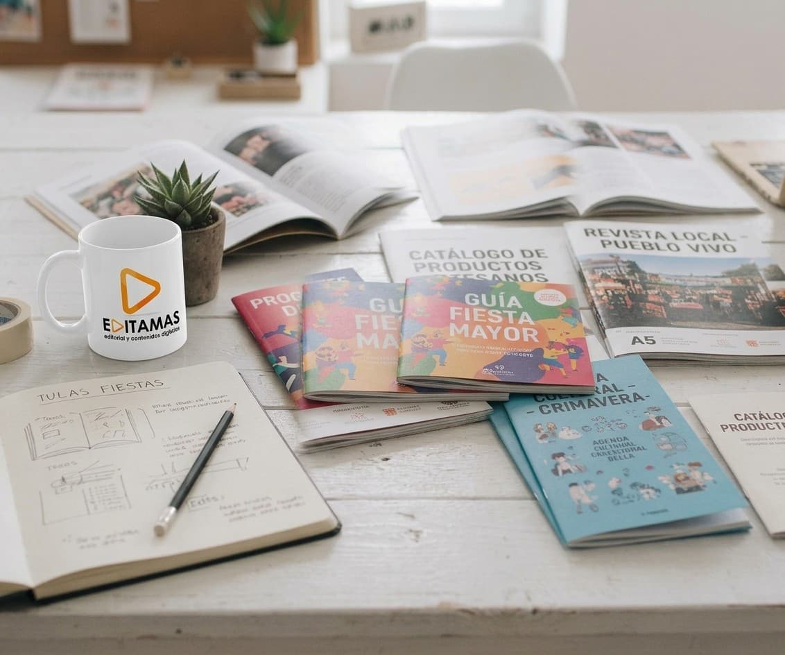 Mesa de trabajo con revistas, catálogos y guías grapadas impresas